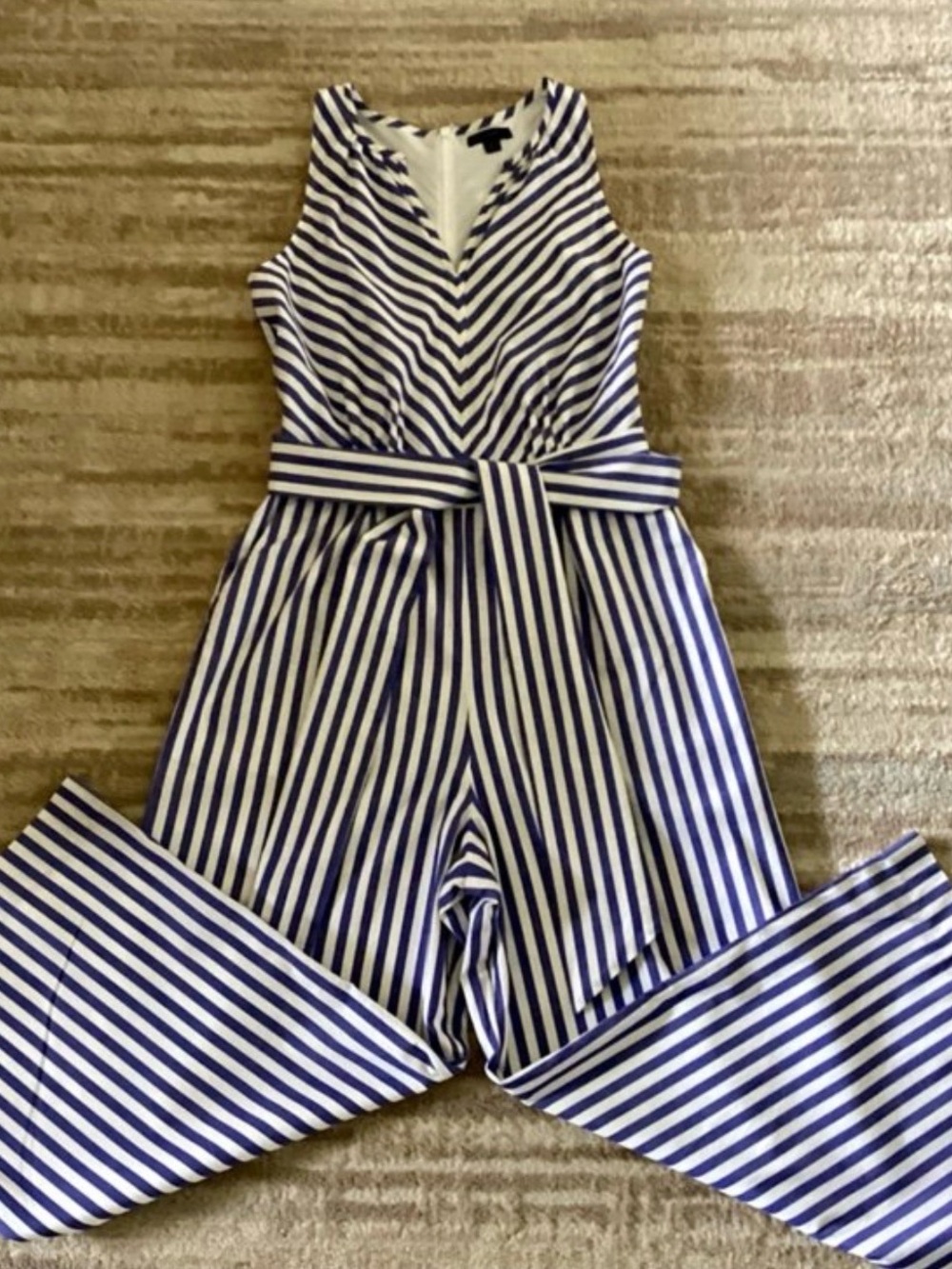 J. Crew Navy and White Striped Sleeveless Jumpsuit with Tie Belt